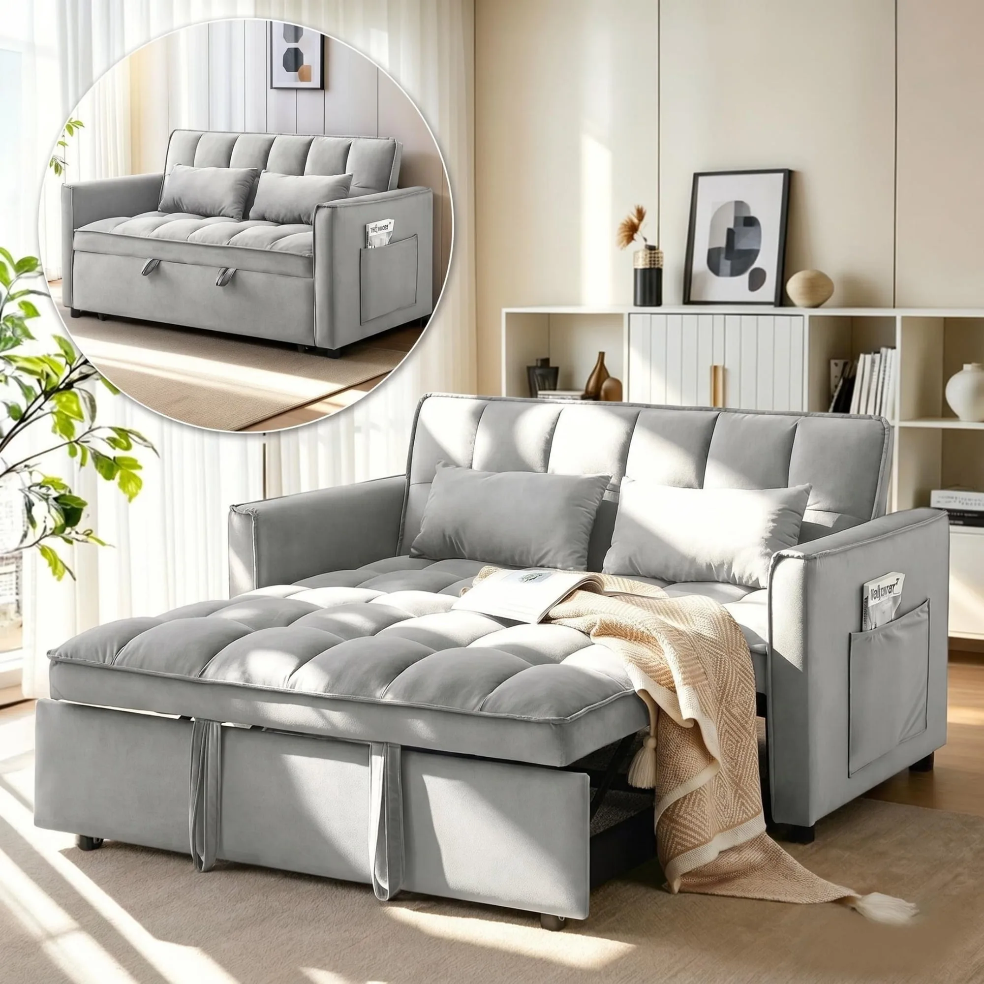 Convertible Sofa Bed, 3 in 1 Pull Out Sleeper Loveseat Couch