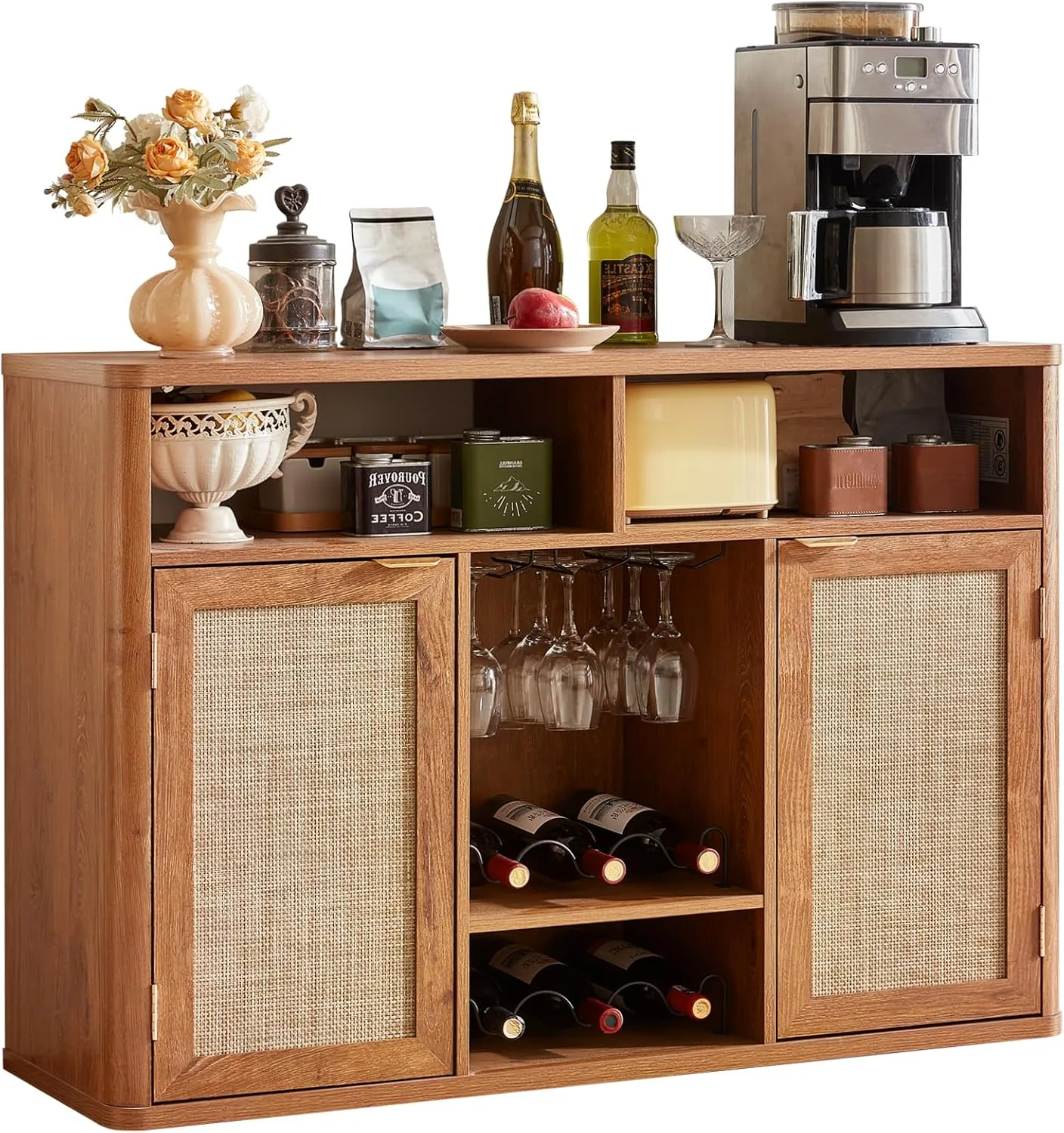 Rattan Wine Cabinet with 2 Doors, Boho Liquor Cabinet