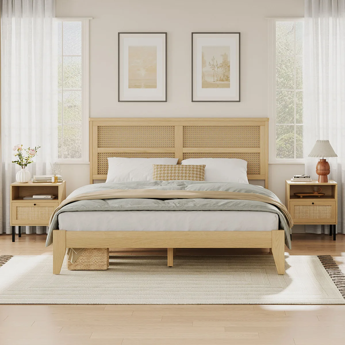 3-Piece Boho Bedroom Set, Queen Frame & 2 Rattan Nightstands