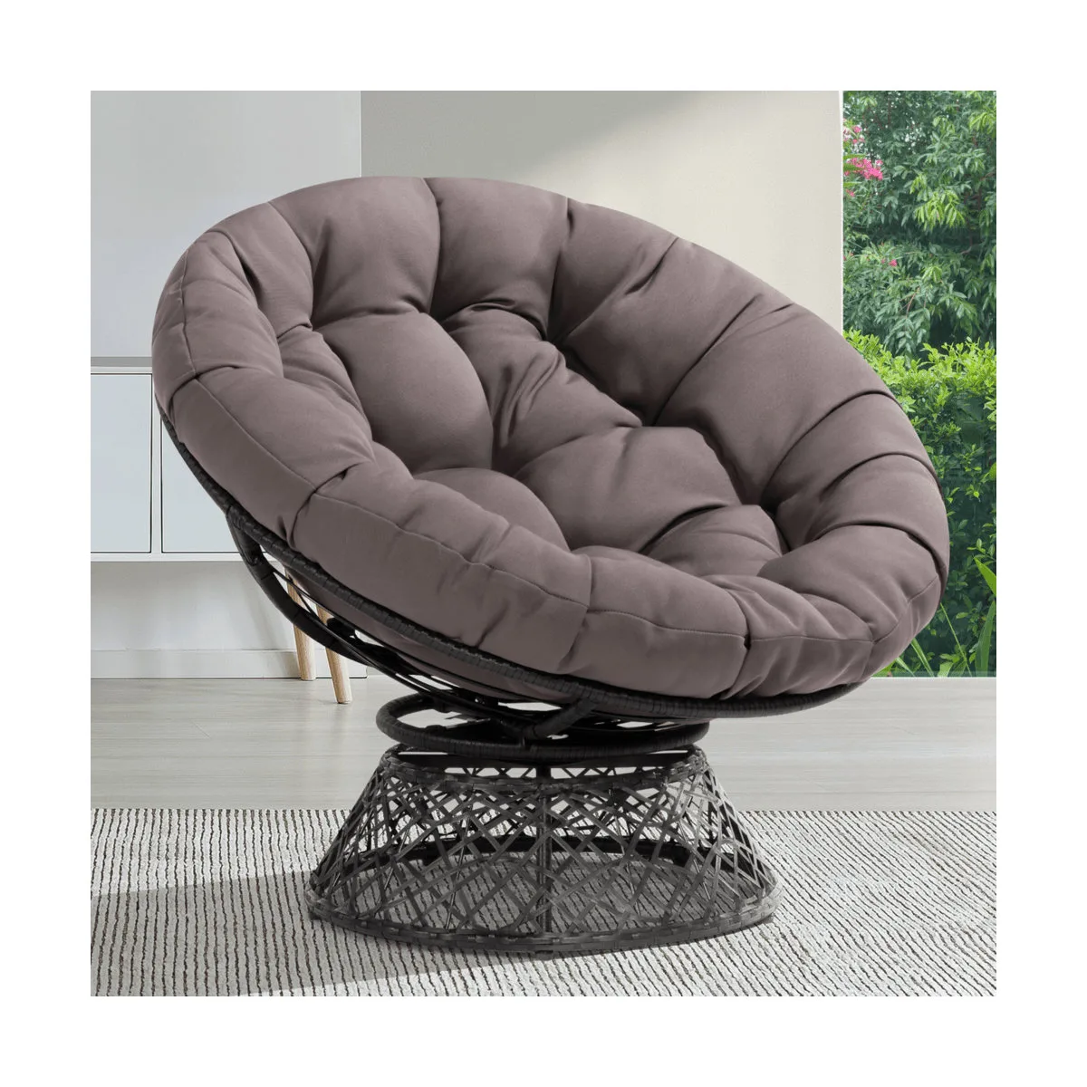 Swivel Papasan Accent Chair with Extra Thick Cushion, White Color