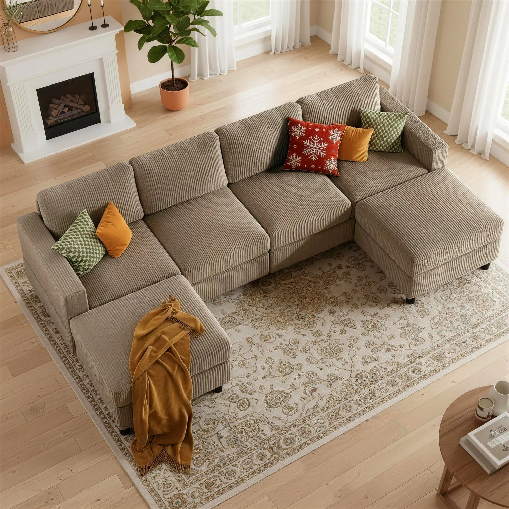 Corduroy U-Shaped Sectional Sofa with 2 Ottomans