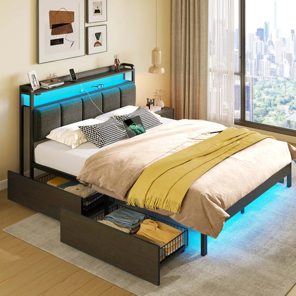 Upholstered Platform Bed with 4 Drawers & Charging Station