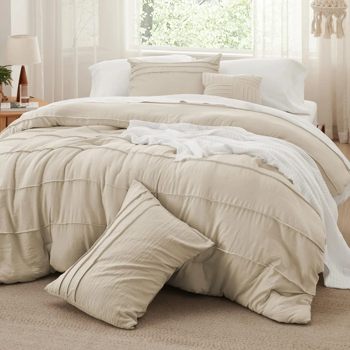 Queen Pinch Pleat Comforter Set, Boho Bed-in-A-Bag Bedding