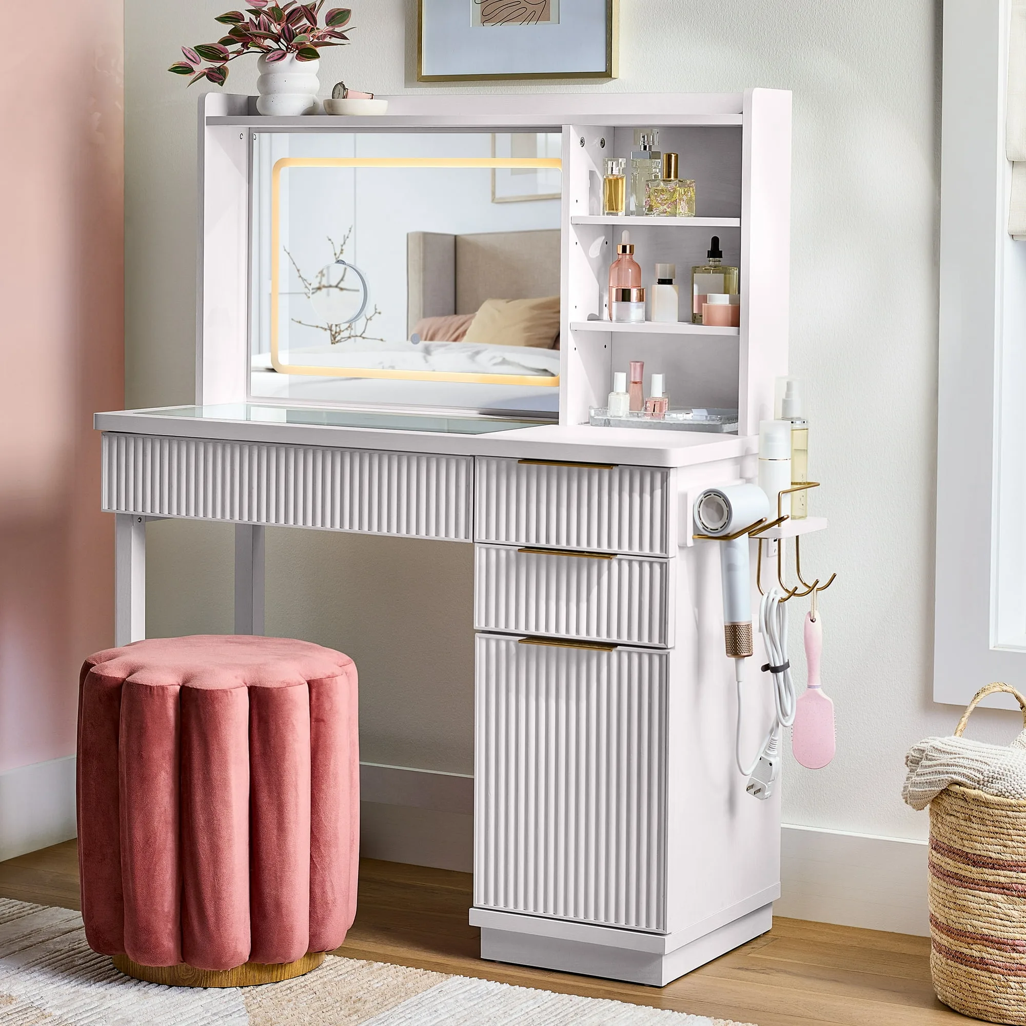 Lillian Vanity Desk with LED Lighted Mirror, White Finish