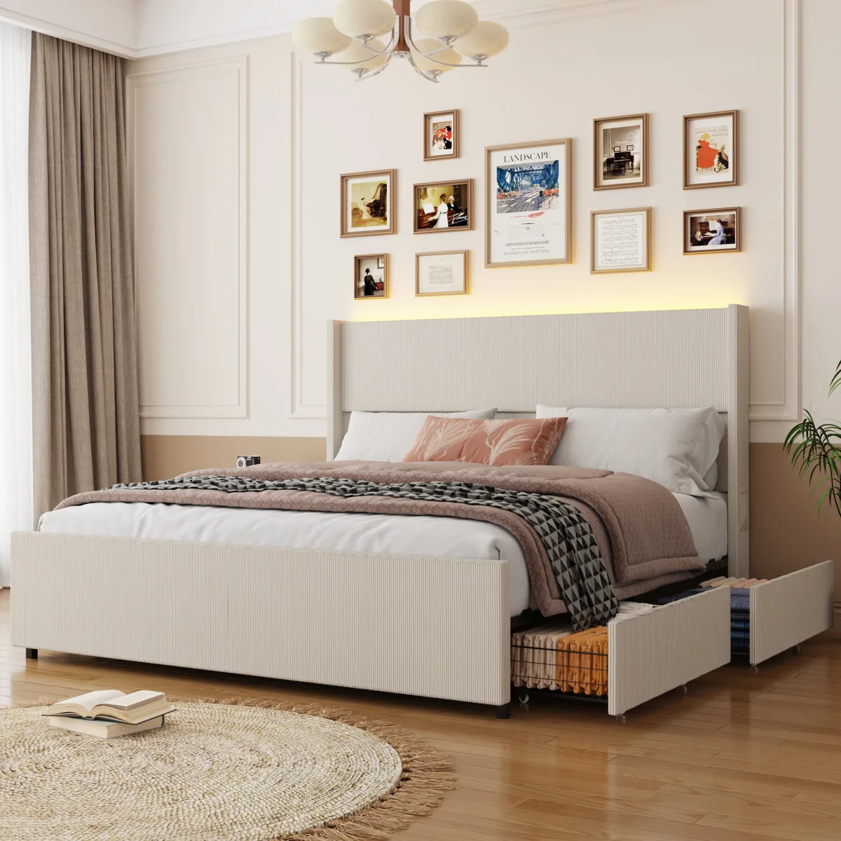 Corduroy Upholstered Platform Bed With Drawers & LED Lights