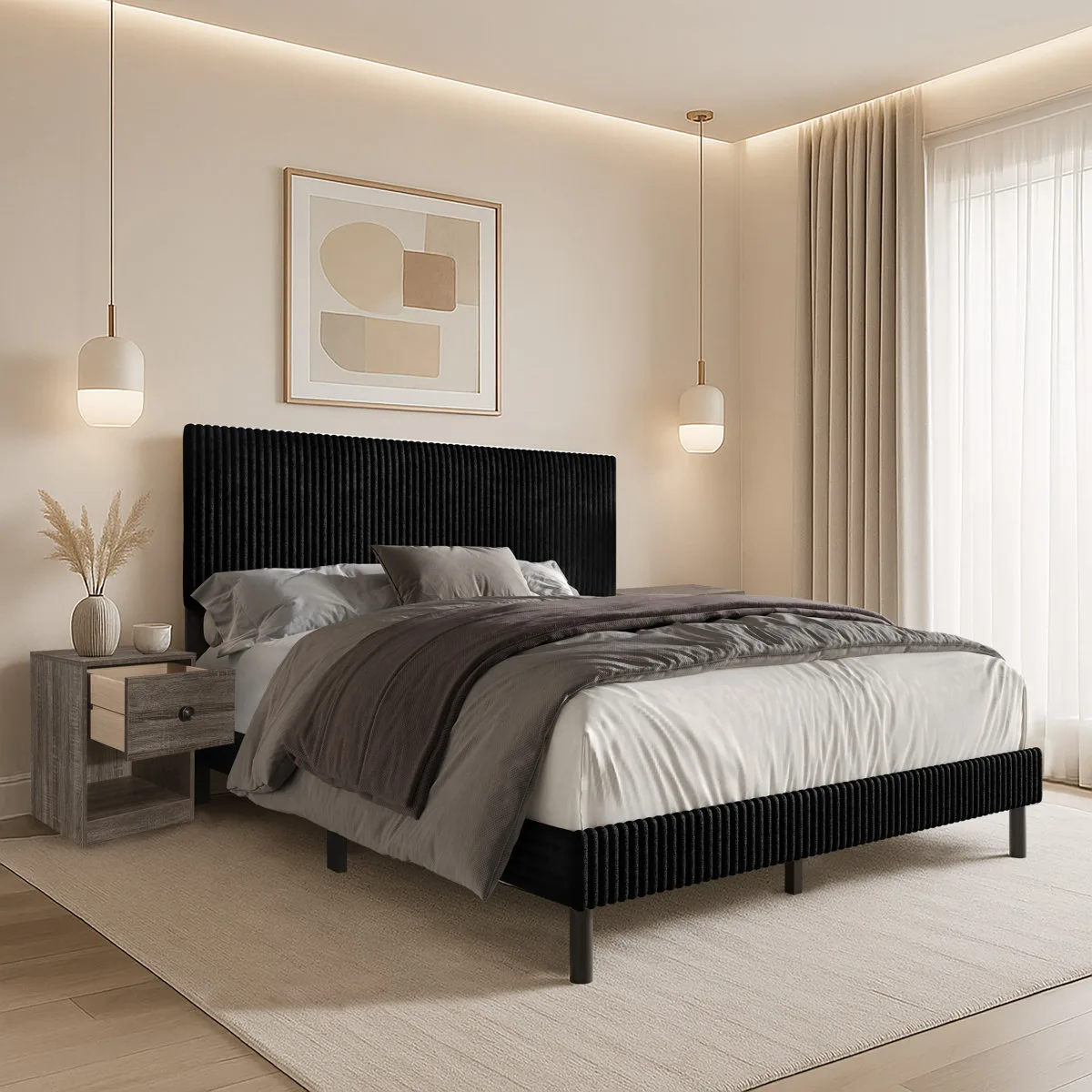 Full Upholstered Panel Bed With 2 Nightstands