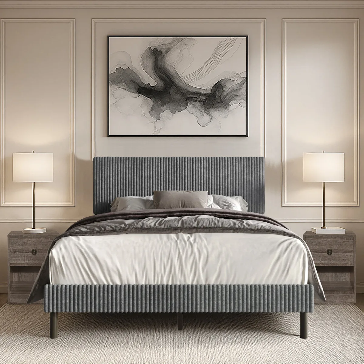 King Upholstered Panel Bed With 2 Nightstands
