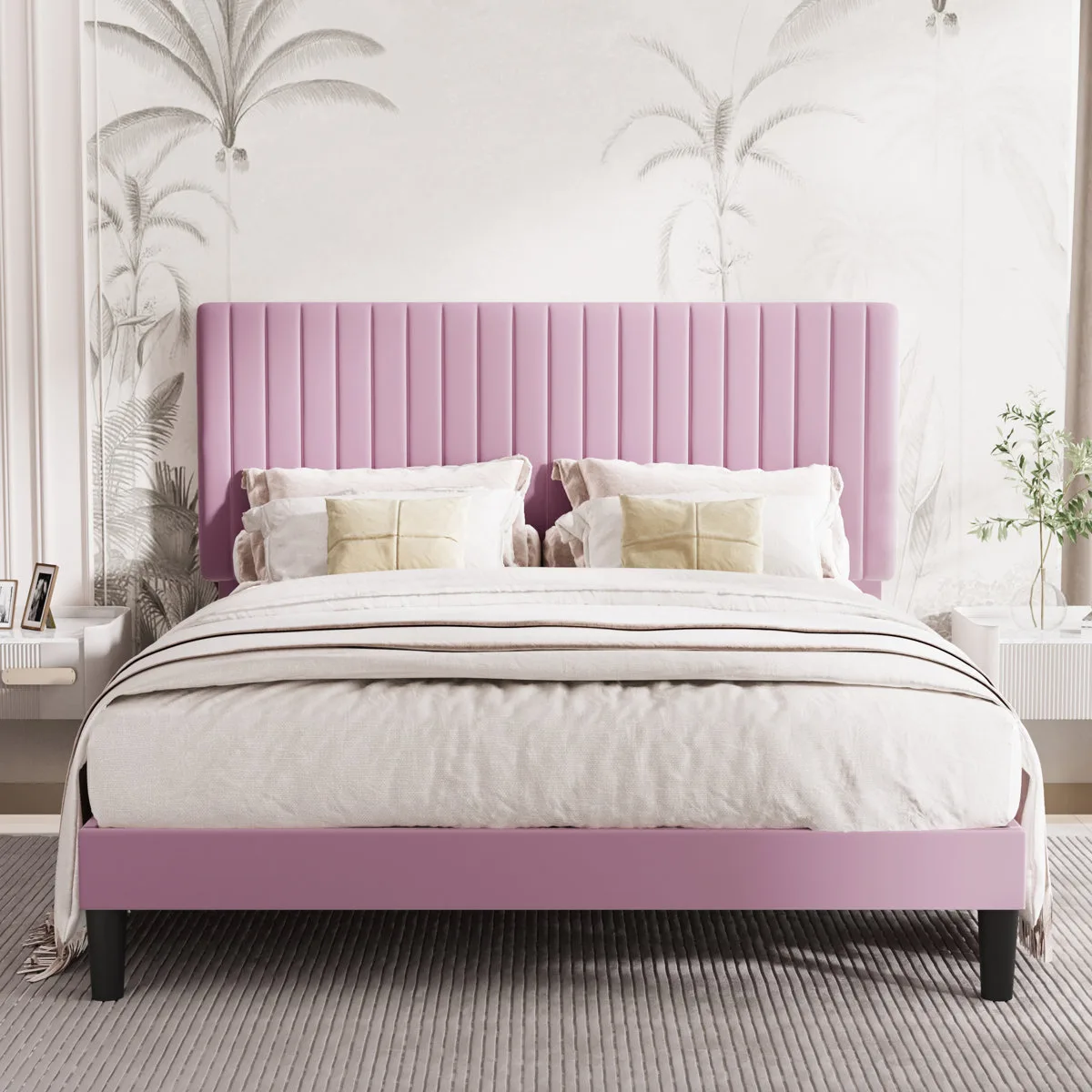 Queen Upholstered Platform Bed with Adjustable Headboard, Pink