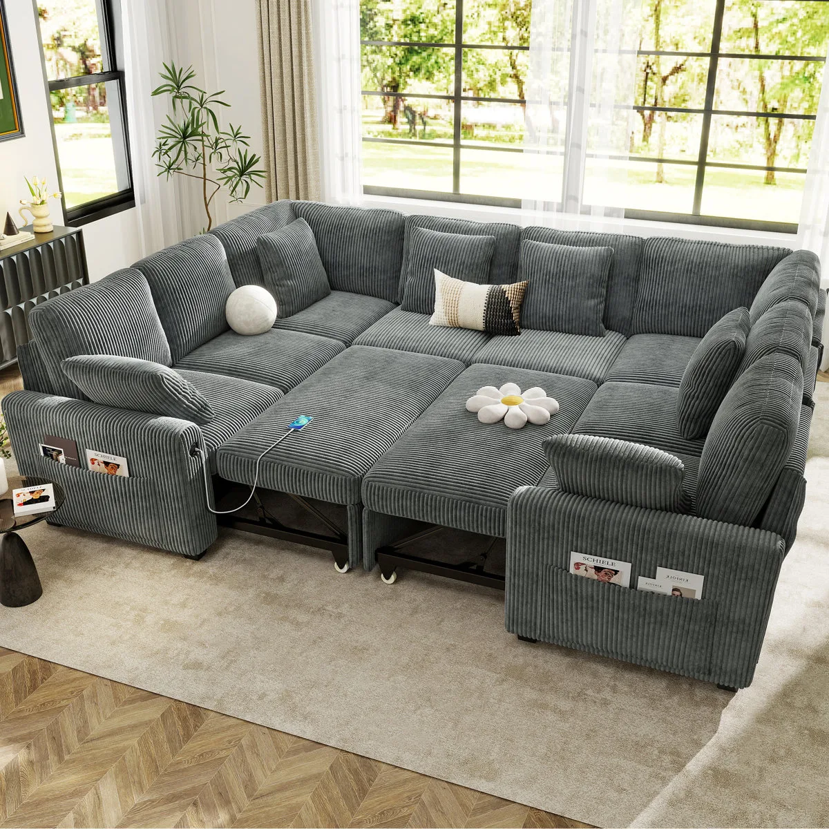 Upholstered Corduroy U Shaped Modular Sectional Sleeper Sofa