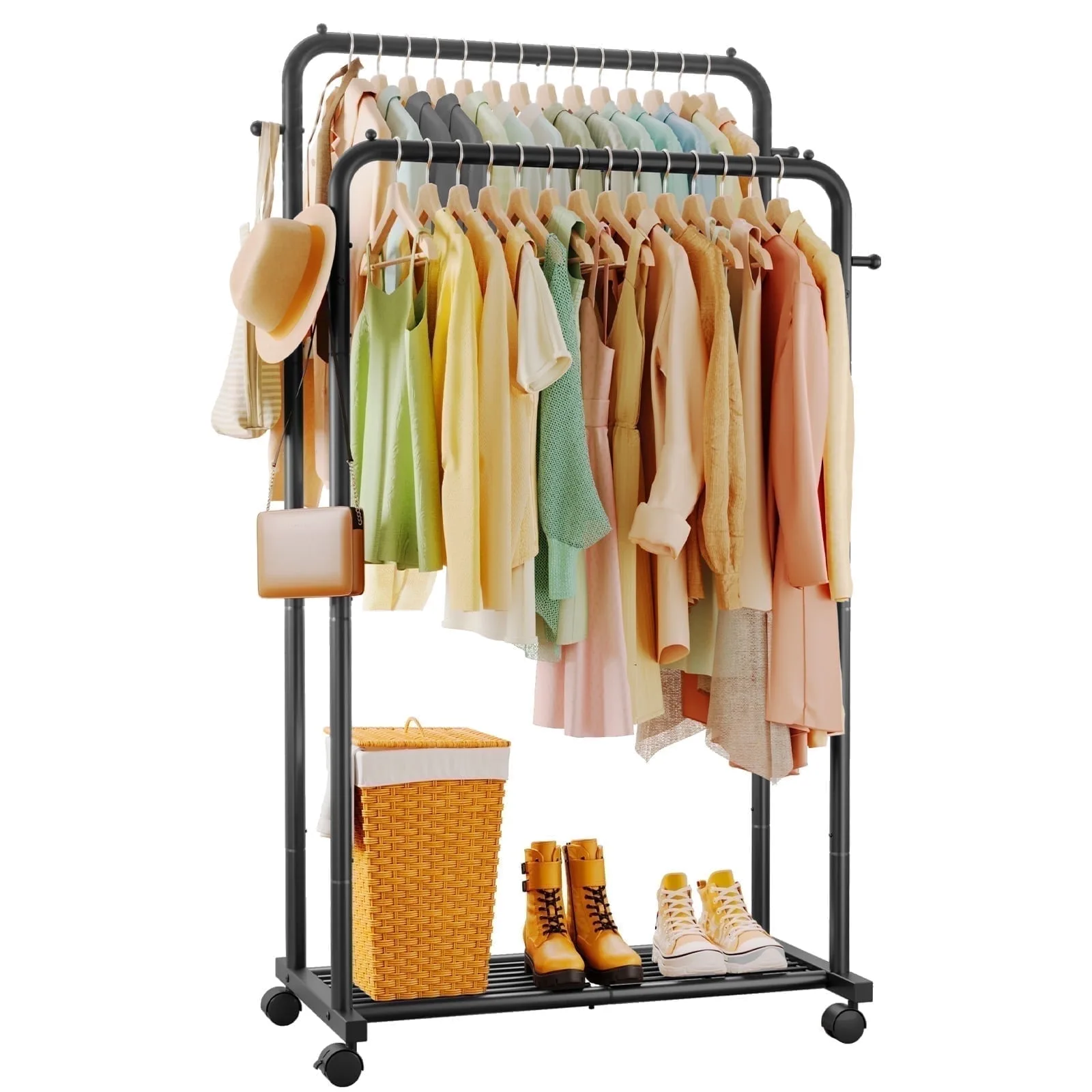 Double-Rod Garment Rack with Hooks & Mesh Shlef