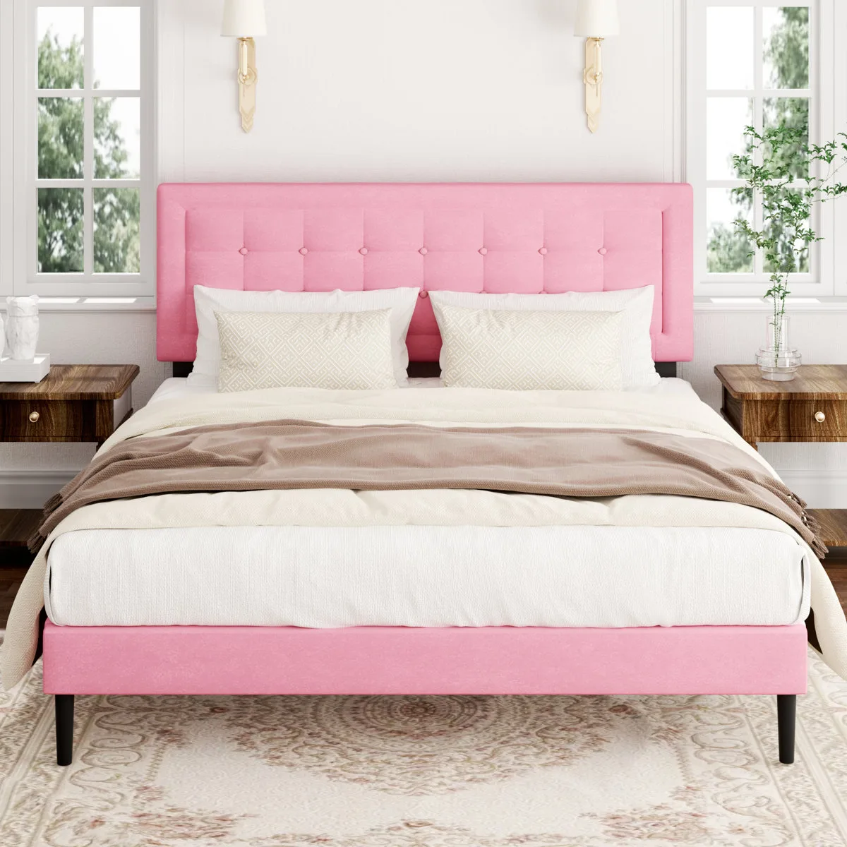 King Upholstered Square Design Headboard Platform Bed
