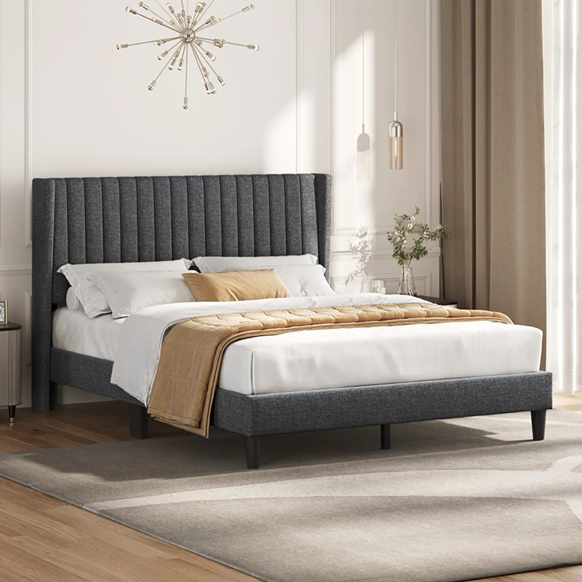 Queen Upholstered Bed Frame with Wing Side