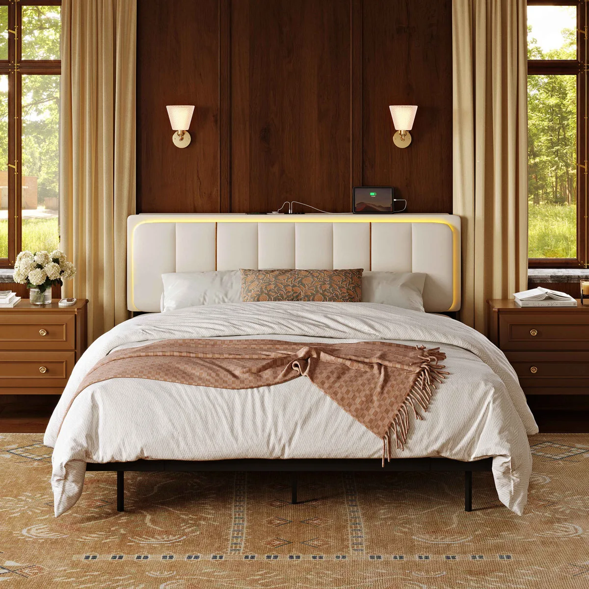 Upholstered Bed Frame with Storage Headboard & LED Lights
