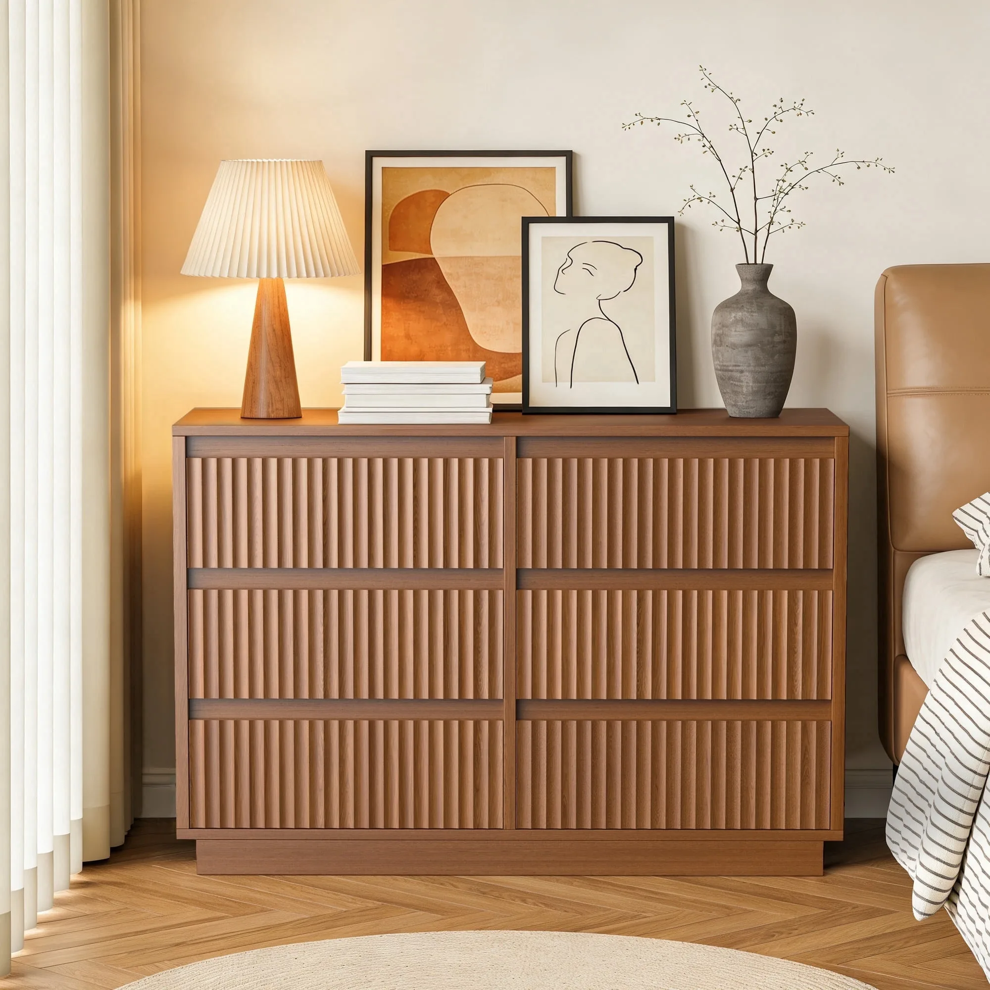 Fluted Wooden Dresser for Bedroom with Deep 6 drawers