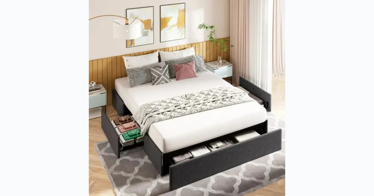 Queen Size Upholstered Platform Bed Frame with 3 Storage Drawers