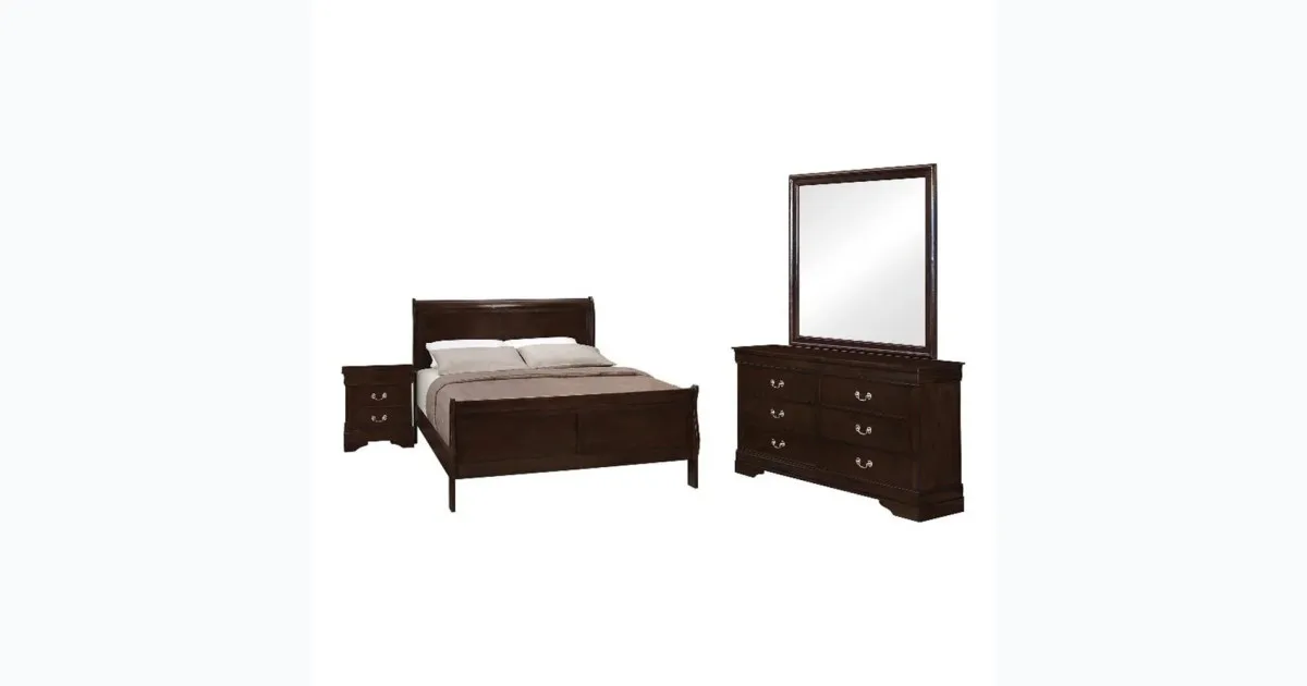 King Panel Bedroom Set – Frame, Nightstand, Dresser, & Mirror
