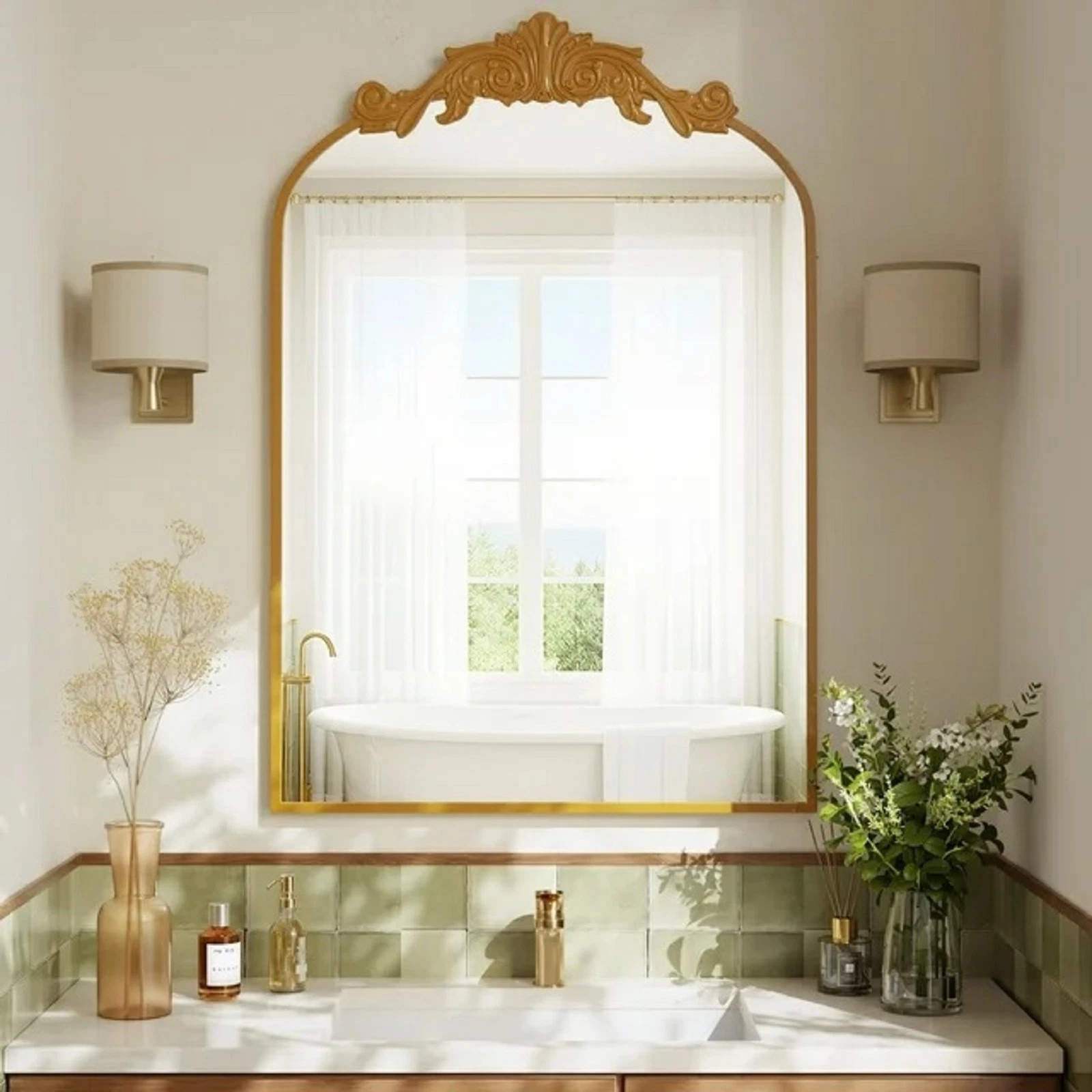 Arched Bathroom Mirror Baroque Style Wall Decor, Gold