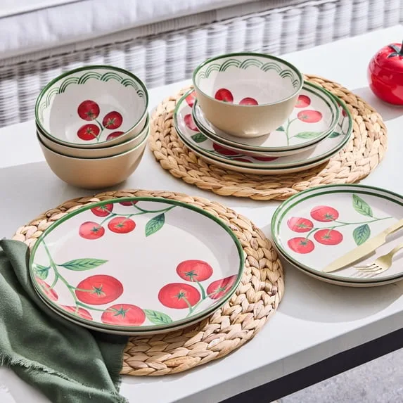 12-Piece Bamboo Melamine Tomato Design Dinnerware Set