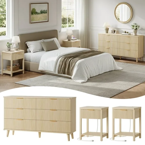 3-Piece Boho Bedroom Set – Drawer Dresser & 2 Nightstands