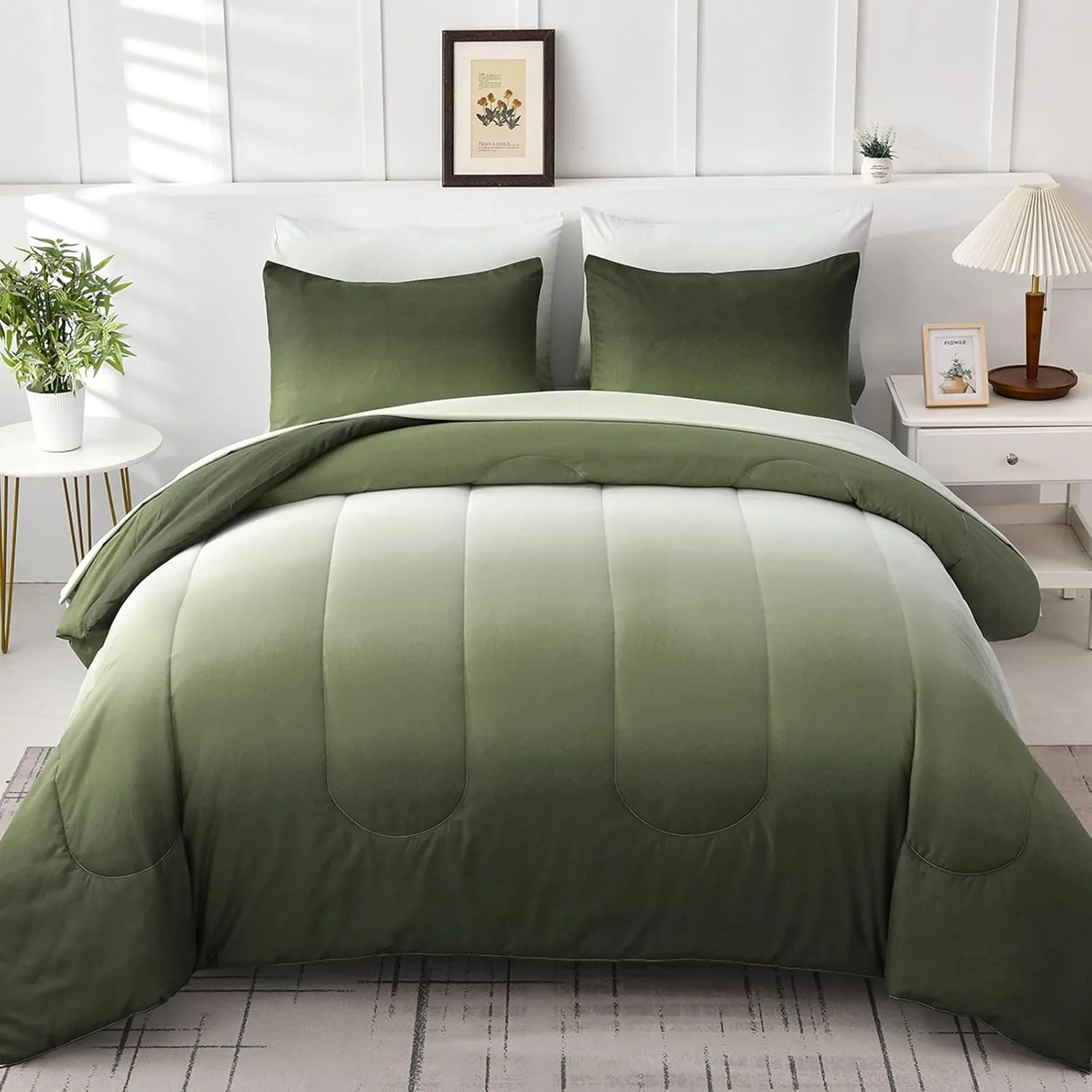7 Pieces Gradient Olive Green Comforter Set