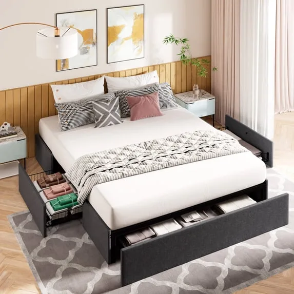 Queen Size Upholstered Platform Bed Frame with 3 Storage Drawers