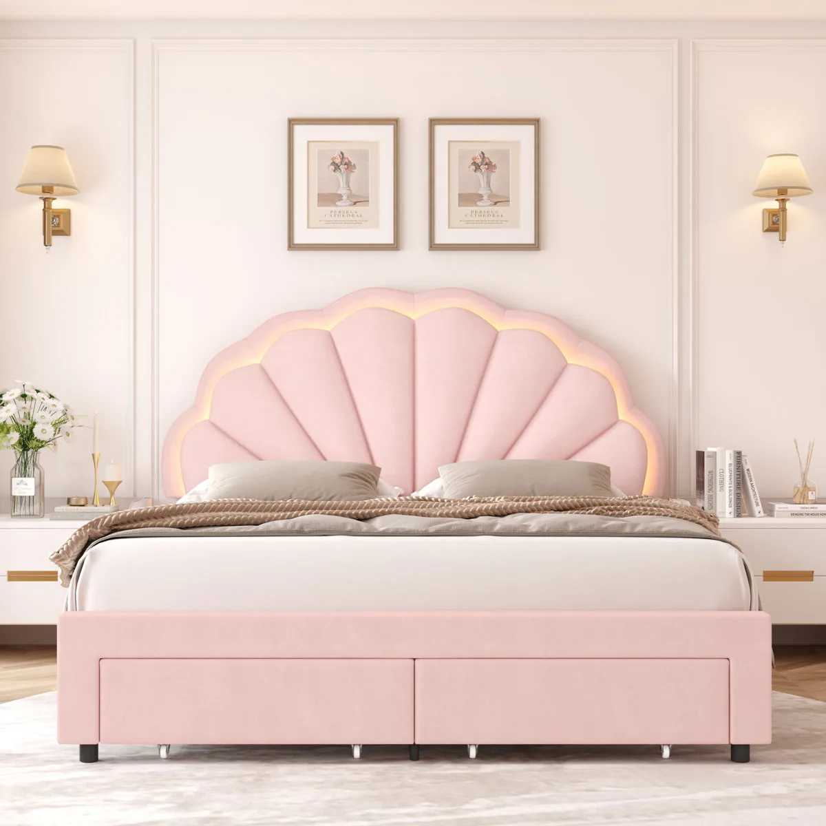 Upholstered LED Bed Frame with Drawer & Adjustable Headboard