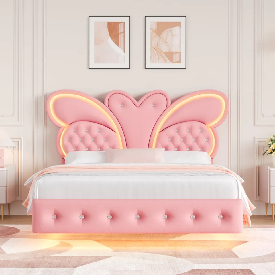 Butterfly Velvet Floating Bed with LED Light, Queen
