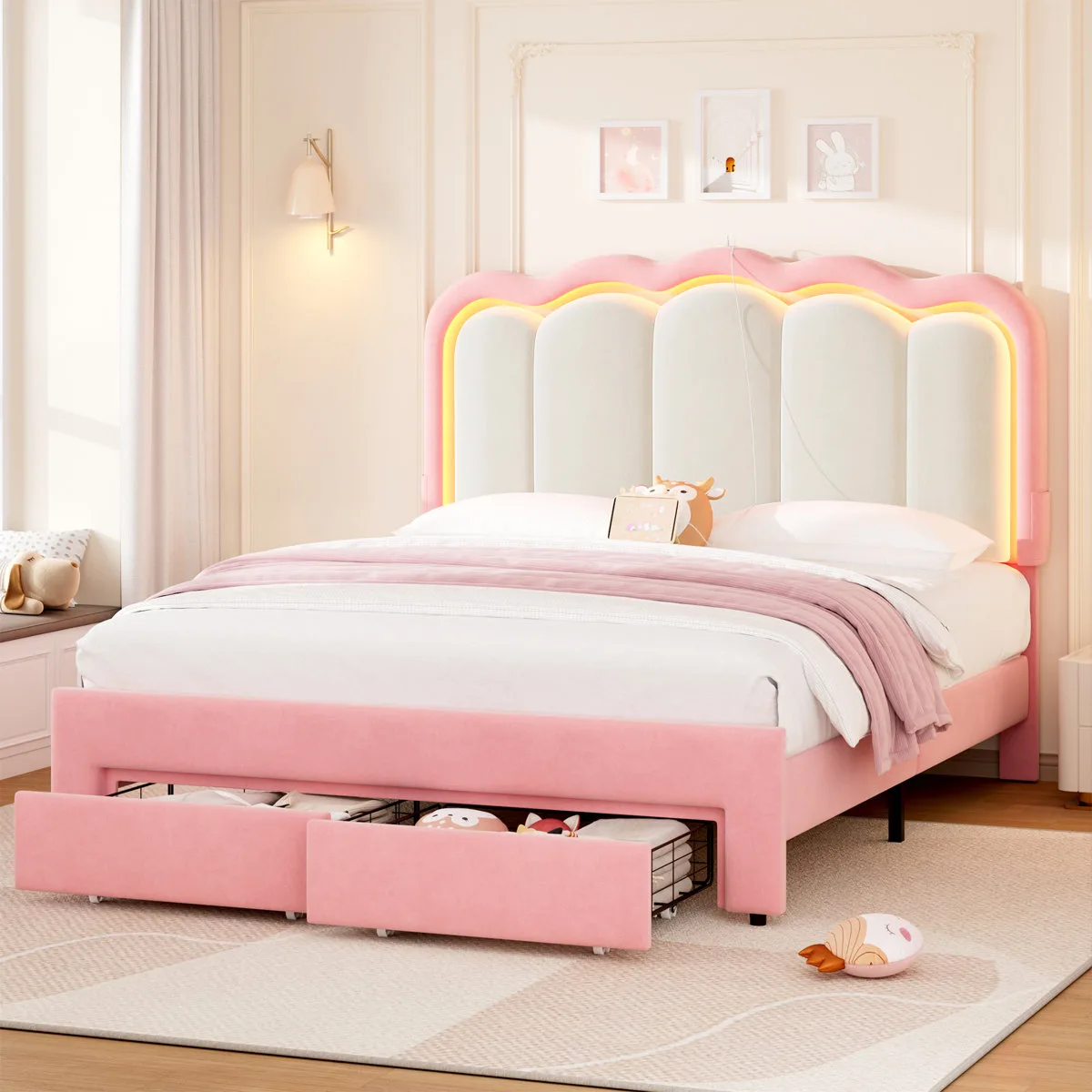 Upholstered LED Bed Frame With Drawer & Adjustable Headboard