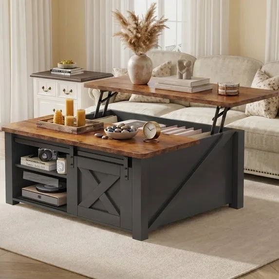 Modern Lift Top Coffee Table with Hidden Storage & Adjustable Shelves