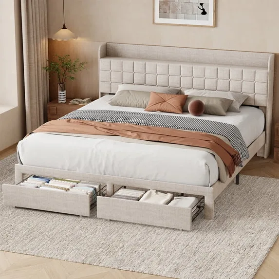 King Upholstered Platform Bed Frame with Storage Drawers