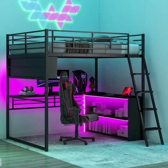 Full Size Gaming Bed with Desk and LED Light