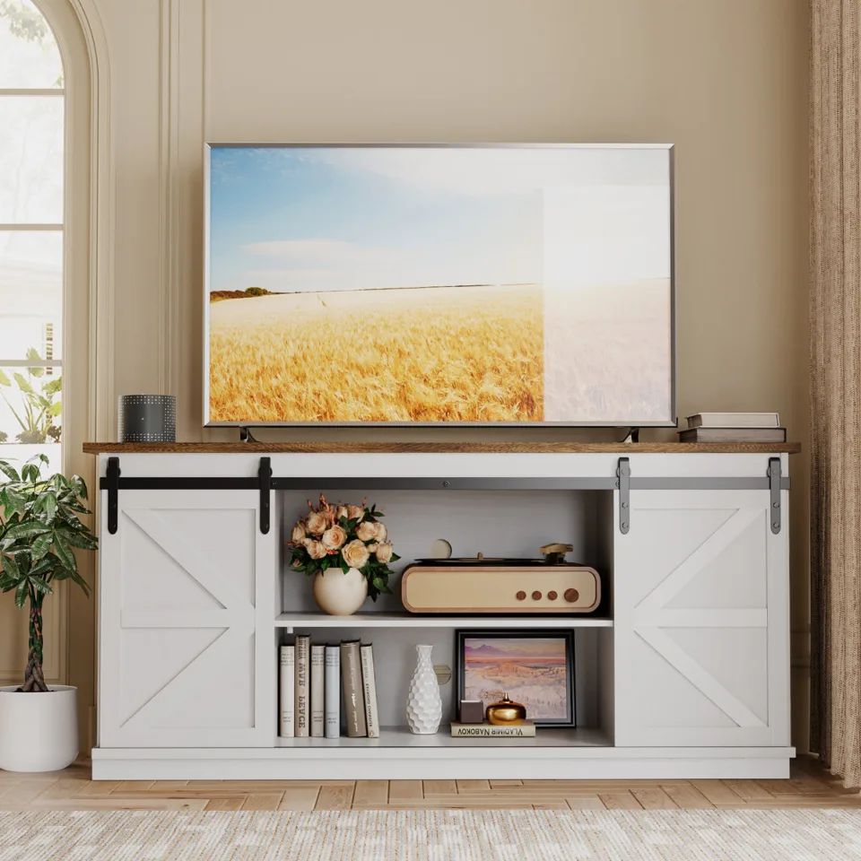 TV Stand with Sliding Barn Doors for TVs up to 65″