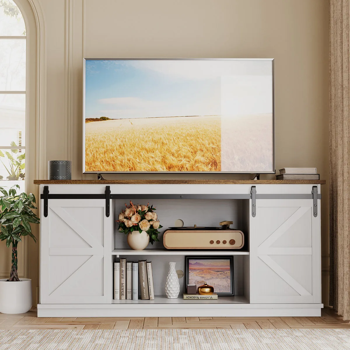TV Stand with Sliding Barn Doors for TVs up to 65″