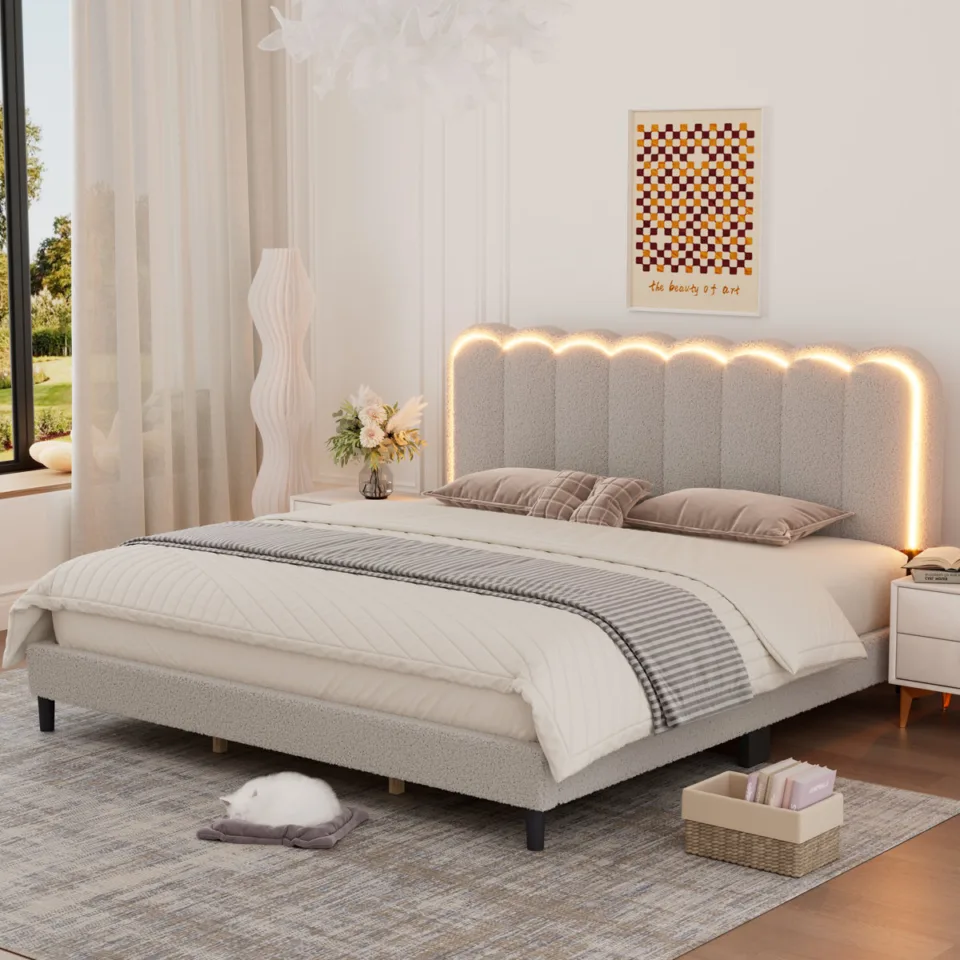 KING-Boucle Upholstered Solid Wood Bed Frame