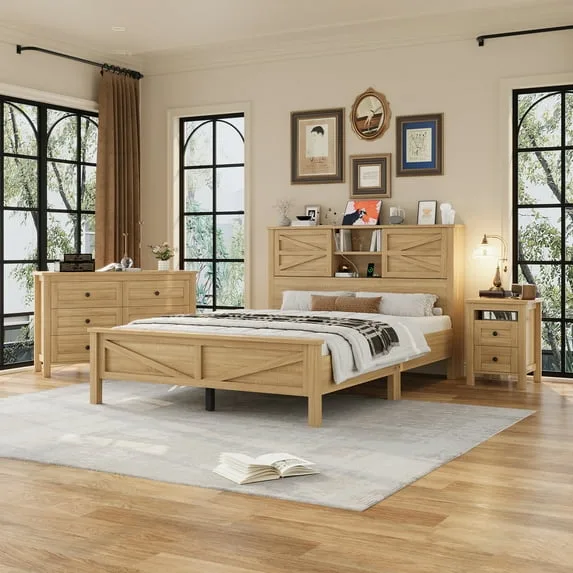 3-Piece Farmhouse Bedroom Set with Nightstand & 6-Drawer Dresser