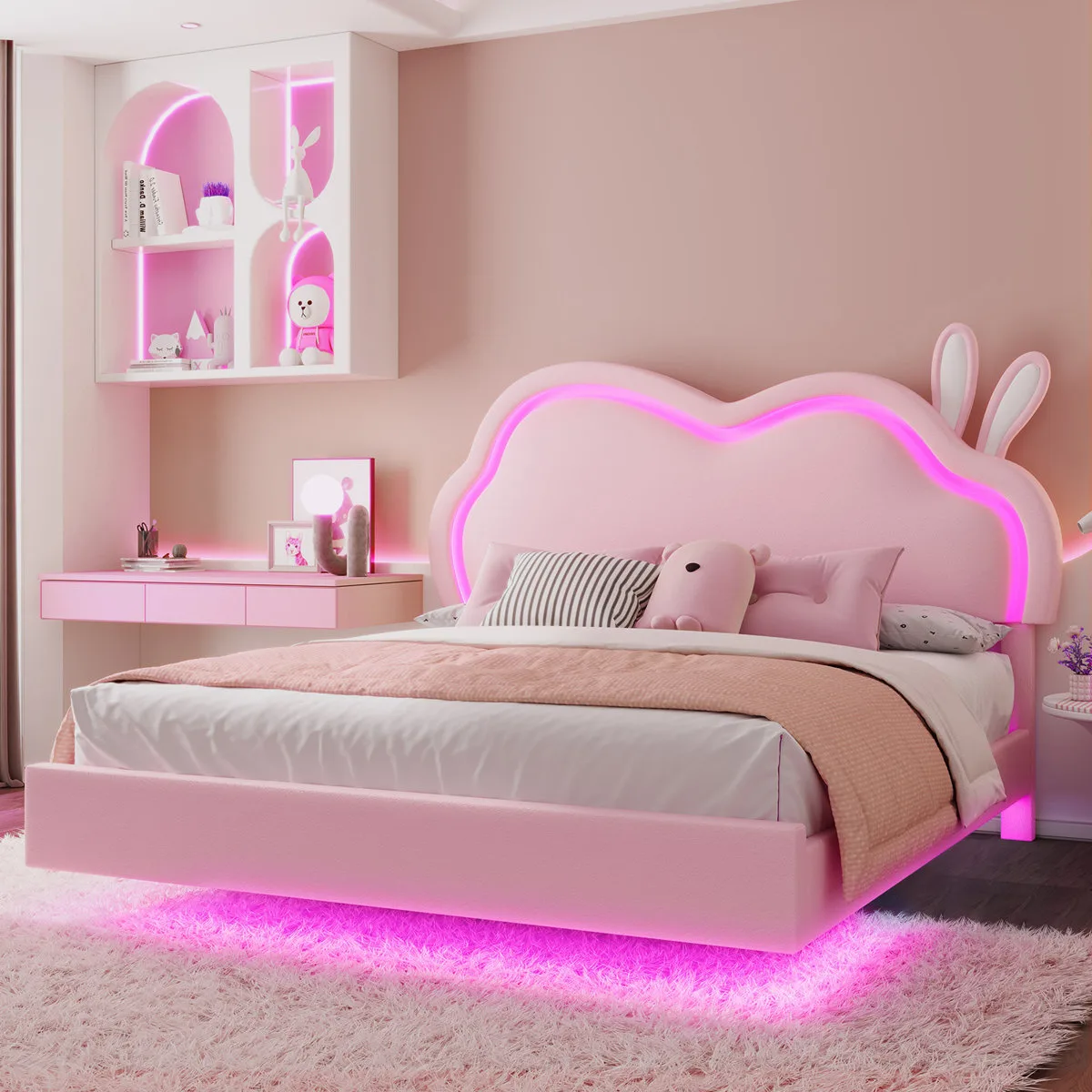 Floating Bed Frame with Adjustable LED Headboard