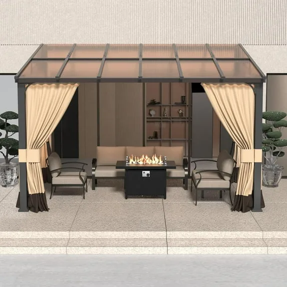Gazebo – 10′ x 12′ Hardtop Outdoor Pergola with Curtains and Netting