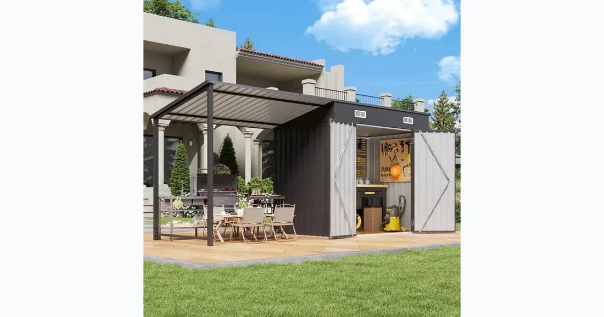Metal Storage Shed with Hardtop Pergola