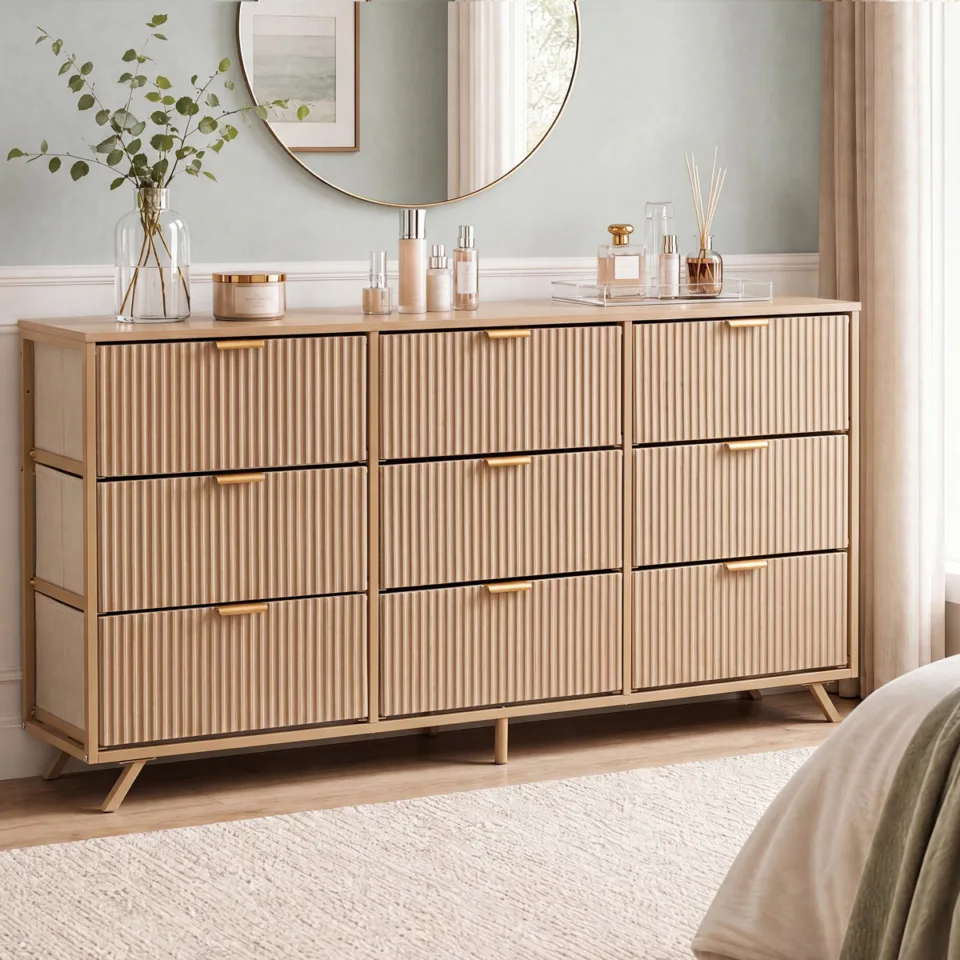 Modern 9 Drawer Dresser with Fluted Fabric Drawers