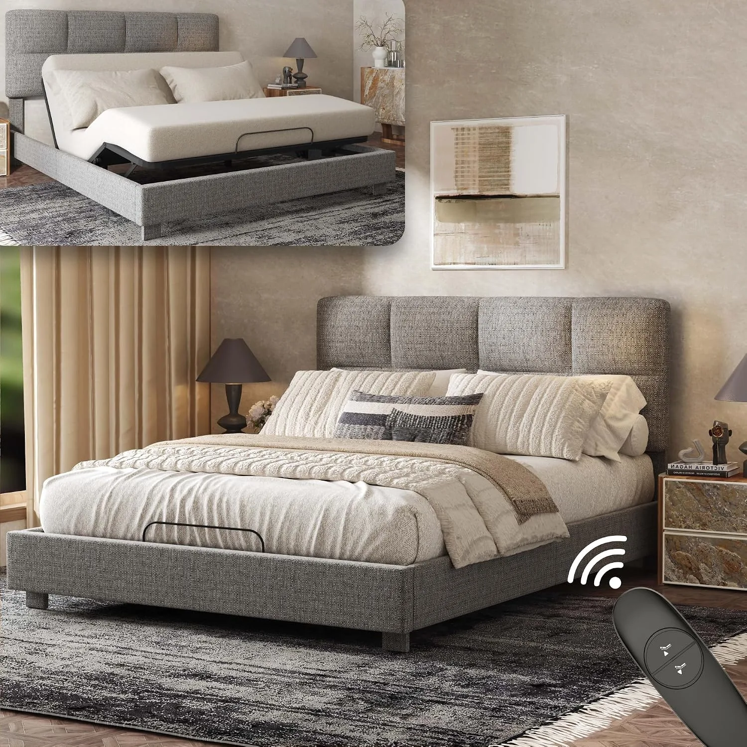 Adjustable Bed Base with Upholstered Bed Frame