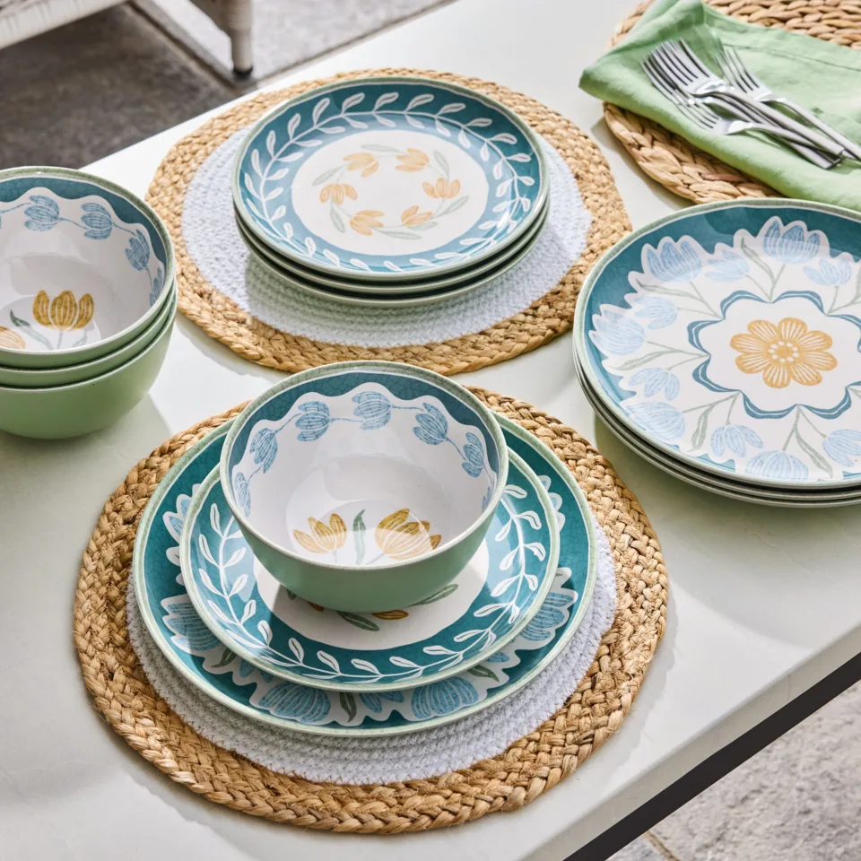 12 Piece Bamboo Melamine Green Floral Dinnerware Set