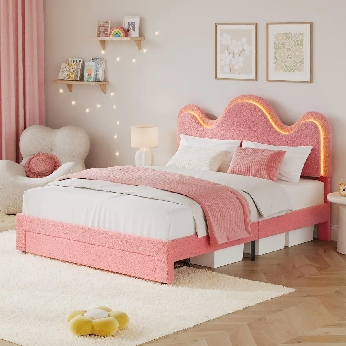 Queen Bed Frame with LED Light and Under-Bed Drawer