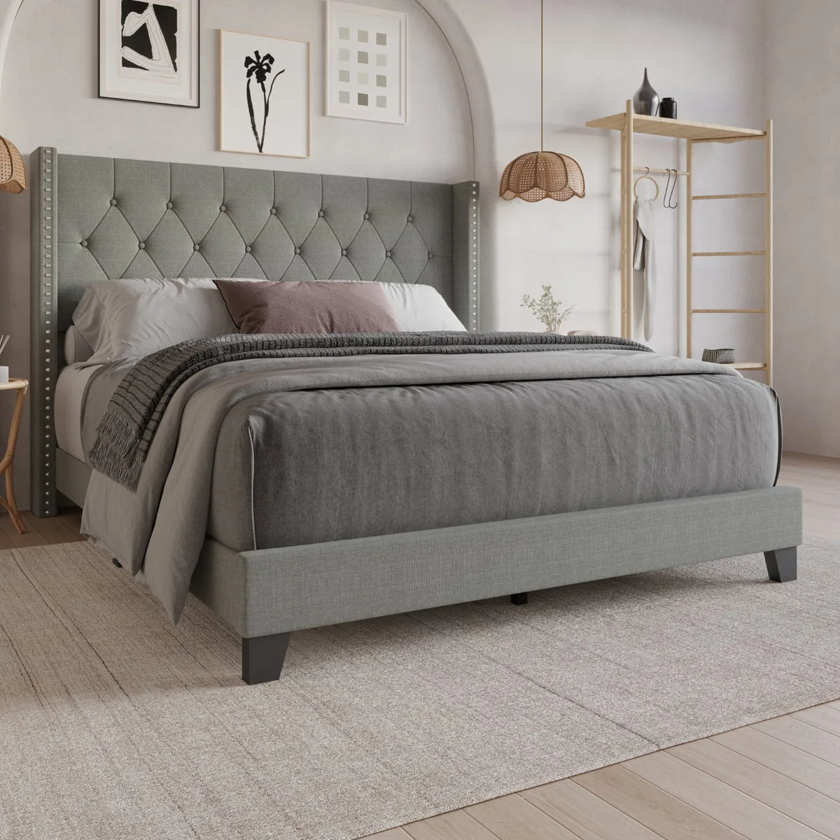 Upholstered Wingback Queen Bed