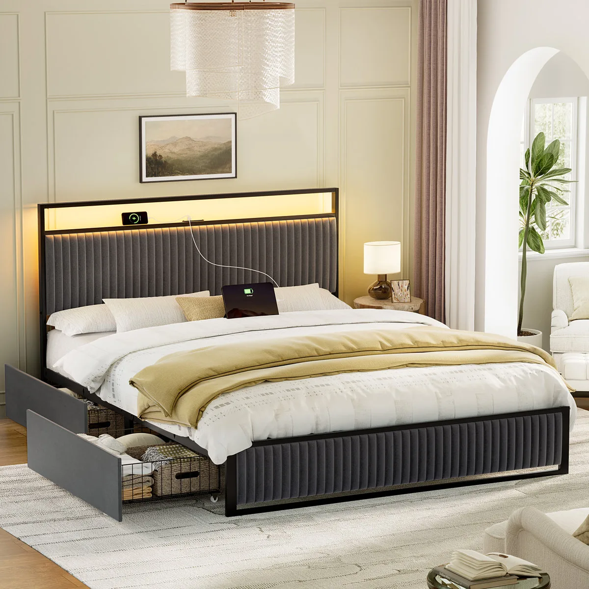 Upholstered Platform Bed with 2-Drawer
