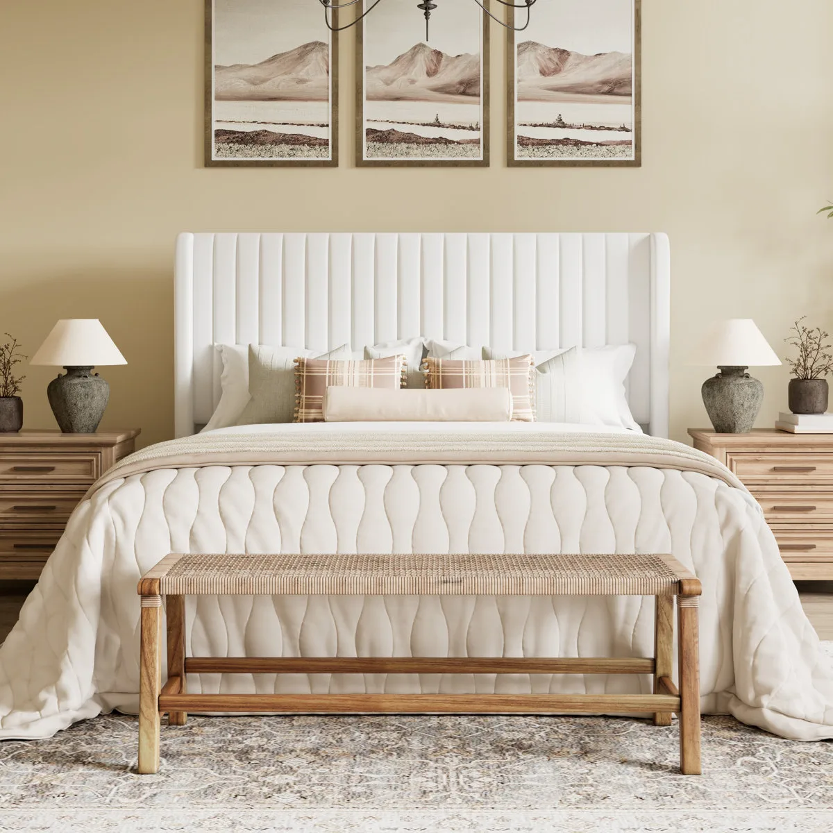 Velvet Upholstered Platform Bed with Wingback Headboard