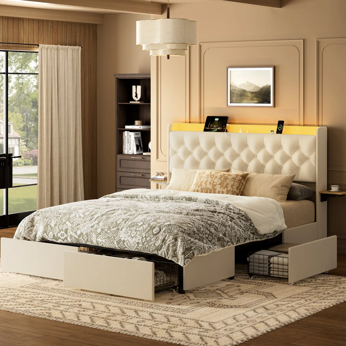 Upholstered Platform Bed with Storage Drawers and Charging Station