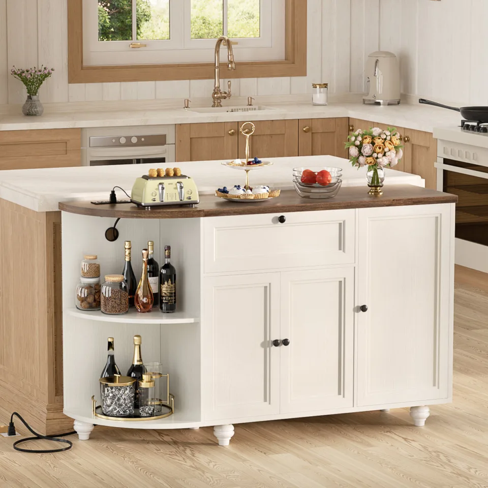 Farmhouse 55″W Bar Cabinet With Outlet