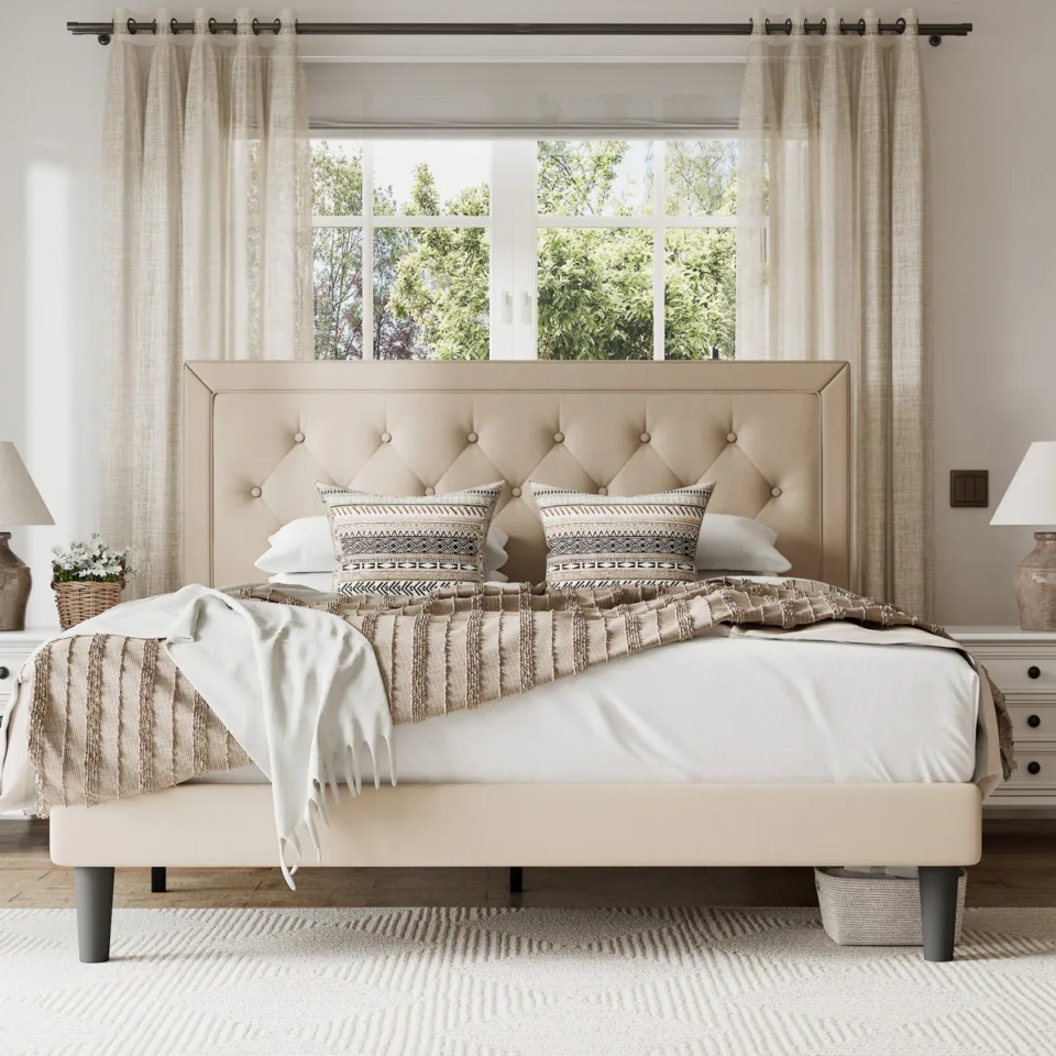 Upholstered Platform Bed with Wood Slats Headboard