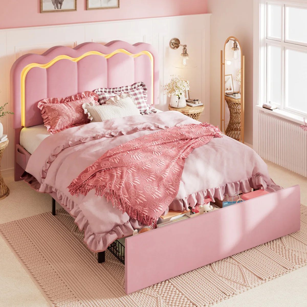 LED Velvet Upholstered Platform Storage Bed Frame With Drawer And Adjustable Headboard