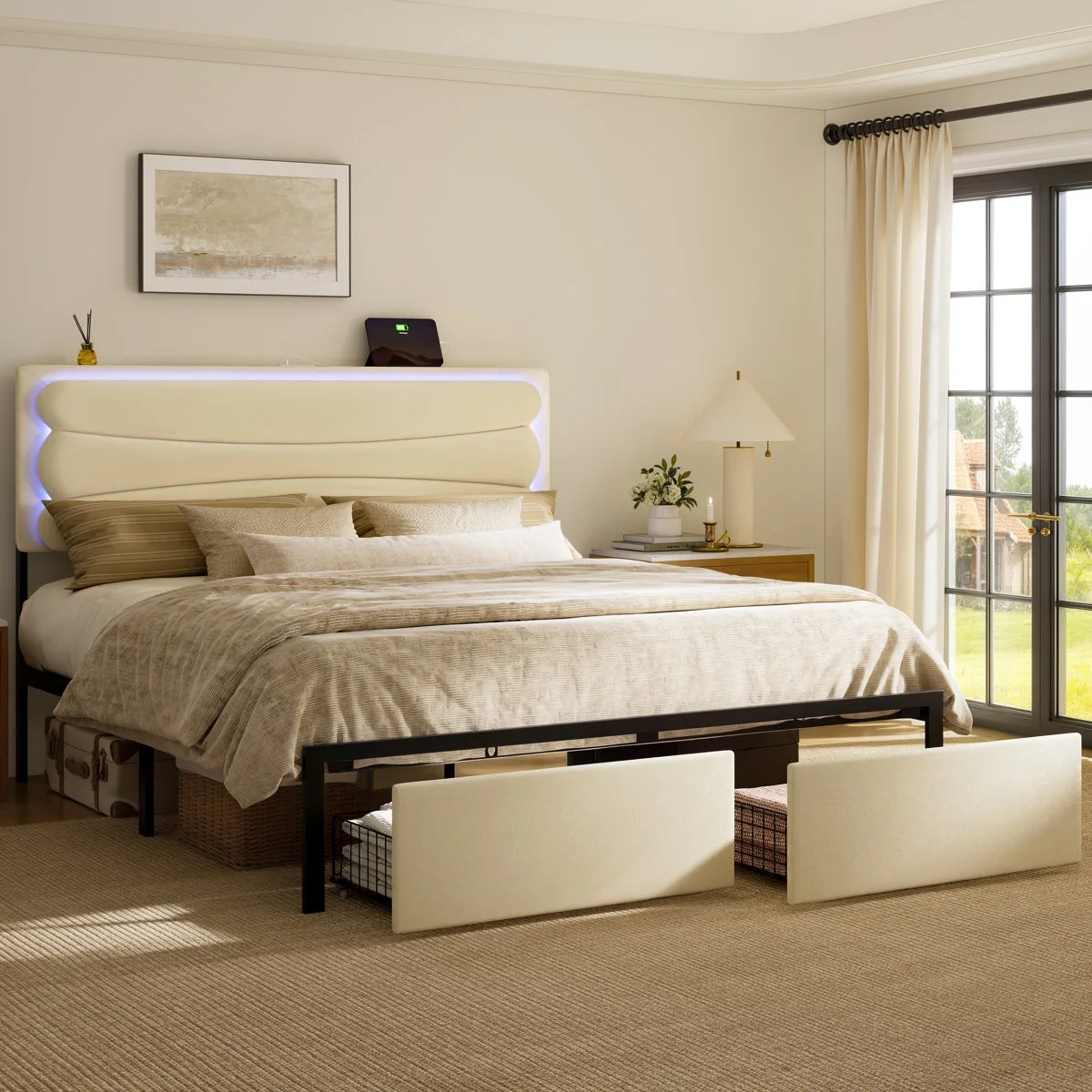 Upholstered Queen Bed with 2 Storage Drawers